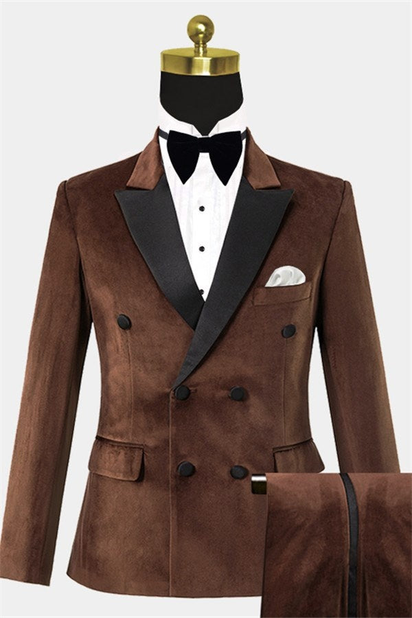 Chic Brown Peaked Lapel Double Breasted Velvet Prom Men Suits