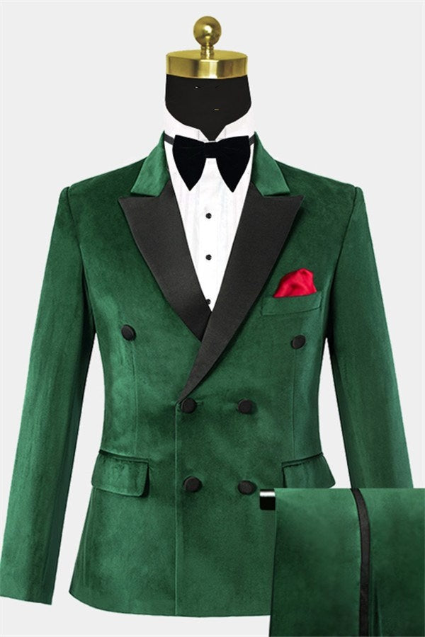 Modern Dark Green Double Breasted Velvet Prom Men Suits