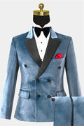 Fashion Dusty Blue Double Breasted Velvet Prom Men Suits