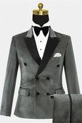 Generous Gray Double Breasted Velvet Prom Men Suits