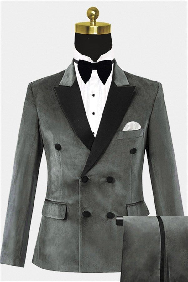 Generous Gray Double Breasted Velvet Prom Men Suits