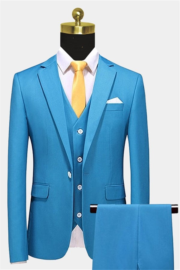 Gentle Sky Blue Three Pieces Notched Lapel Prom Suits With Vest