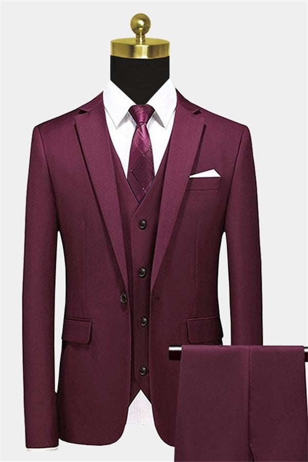 Modern Burgundy Three Pieces Notched Lapel Prom Suits With Vest
