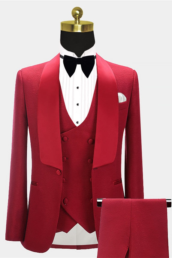 Wonderful Red Jacquard Three Pieces Shawl Lapel Wedding Suits