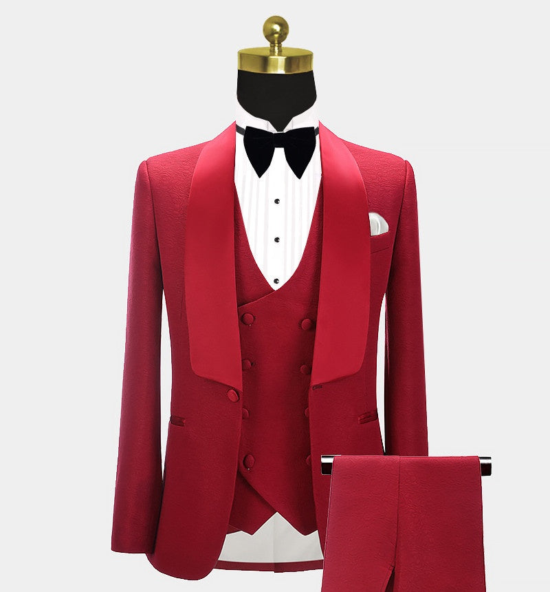 Wonderful Red Jacquard Three Pieces Shawl Lapel Wedding Suits