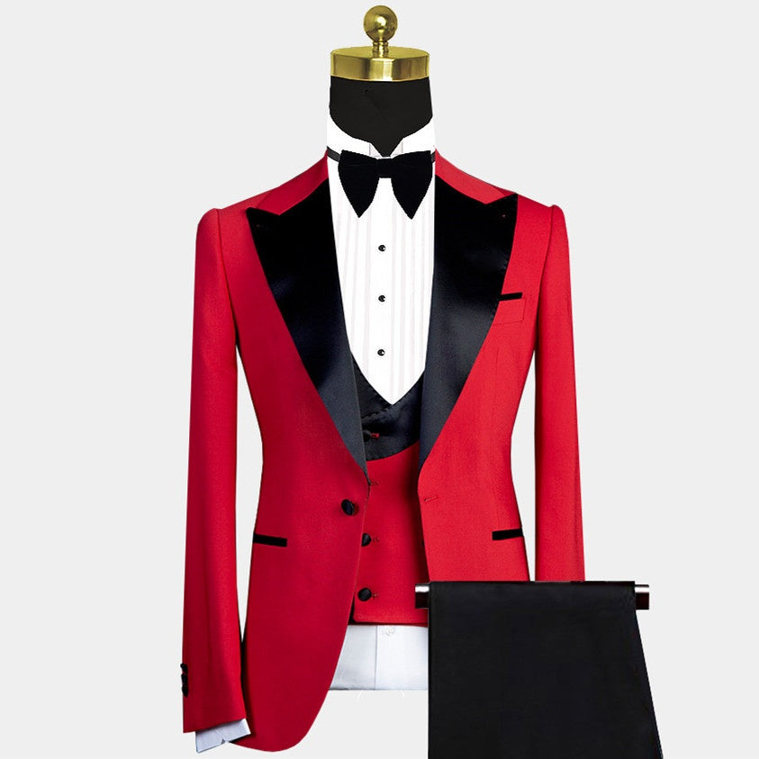 Festival Red 3 Pieces Peaked Lapel Slim Fit Prom Men Suits