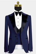 Chic Dark Blue 3 Pieces Peaked Lapel Prom Suits With Vest