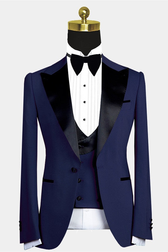 Chic Dark Blue 3 Pieces Peaked Lapel Prom Suits With Vest