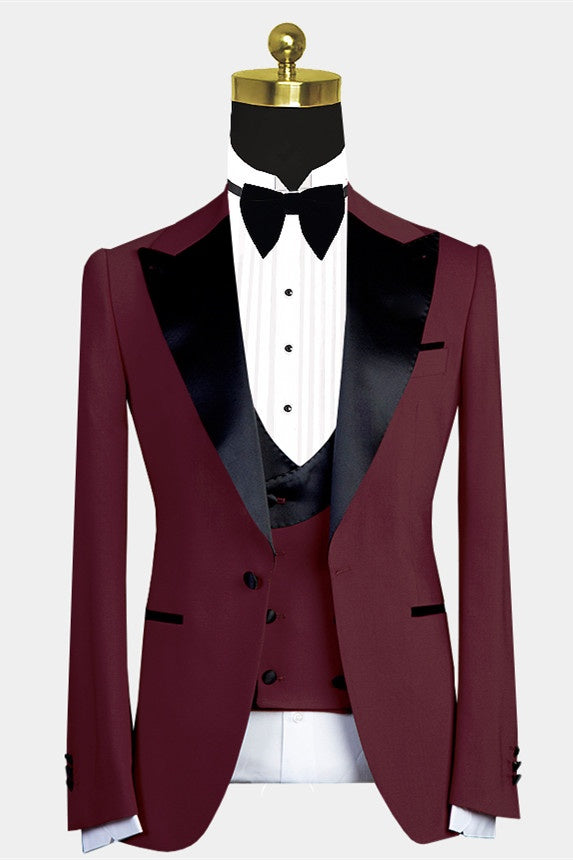 Beautiful Burgundy 3 Pieces Close Fitting Prom Suits With Vest