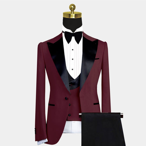 Beautiful Burgundy 3 Pieces Close Fitting Prom Suits With Vest