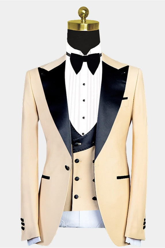 Modern Beige 3 Pieces Best Fitted Peaked Lapel Prom Men Suits