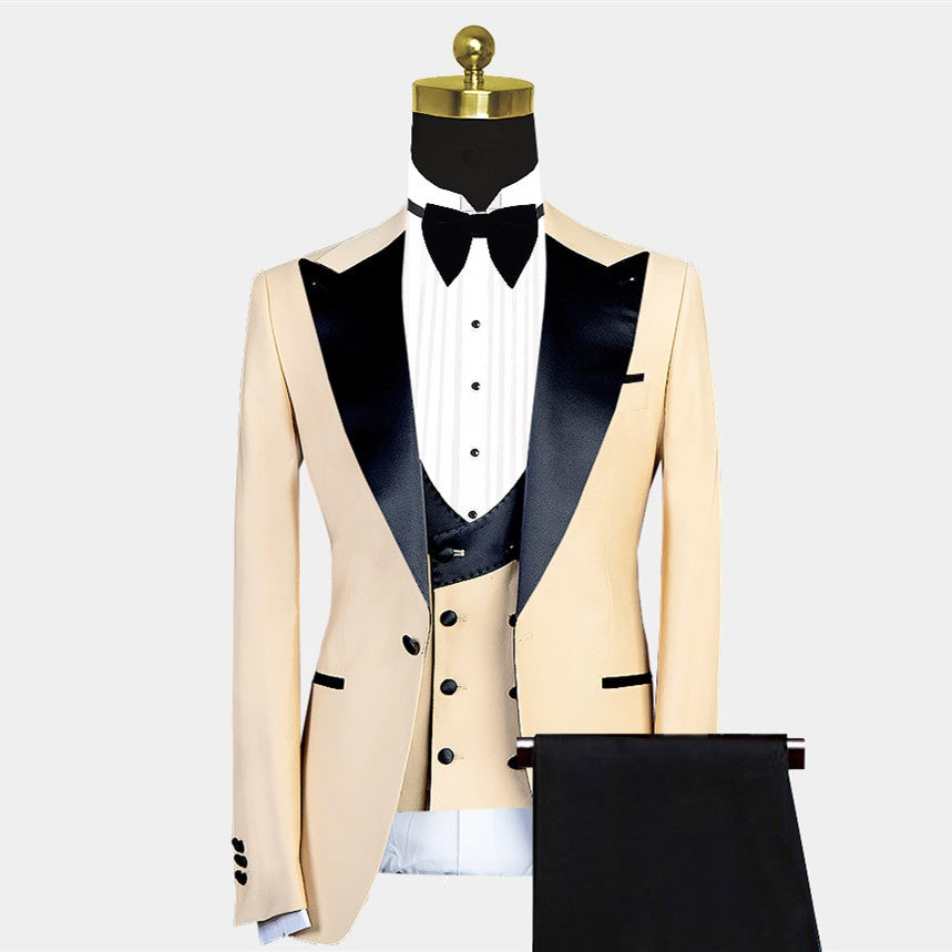 Modern Beige 3 Pieces Best Fitted Peaked Lapel Prom Men Suits