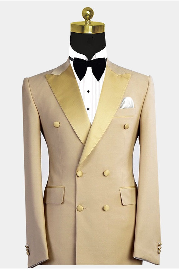 Stylish Champagne Double Breasted Prom Suits With Satin Lapel