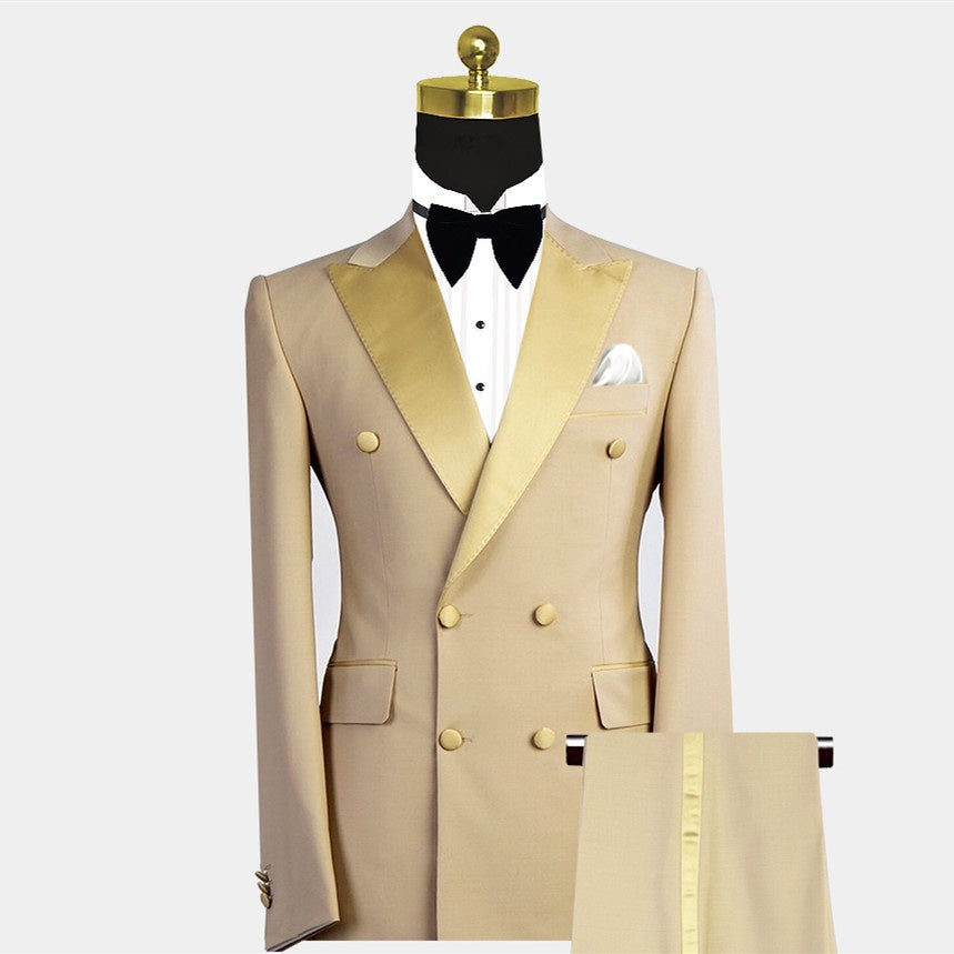 Stylish Champagne Double Breasted Prom Suits With Satin Lapel