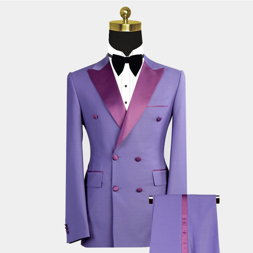 Trendy Grape Double Breasted Prom Suits With Satin Lapel