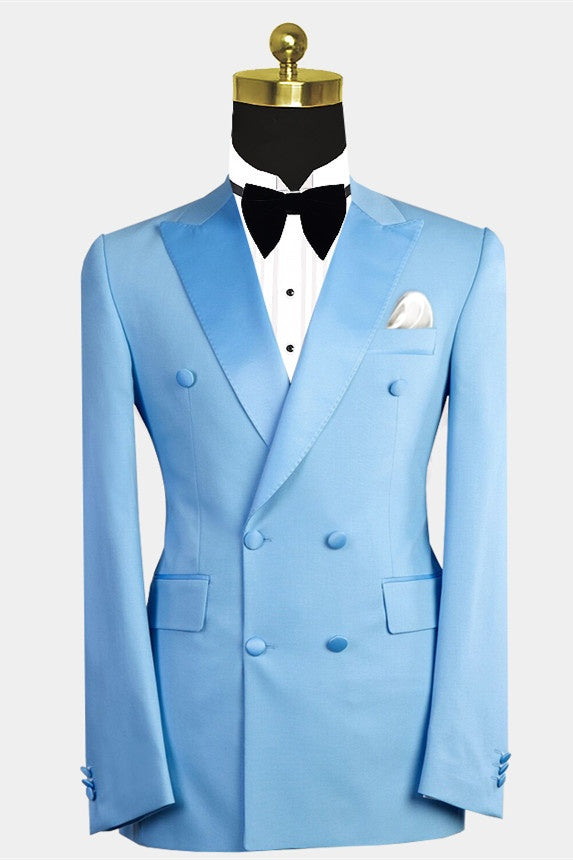 Gentle Sky Blue Double Breasted Peaked Lapel Prom Suits