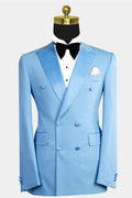 Gentle Sky Blue Double Breasted Peaked Lapel Prom Suits