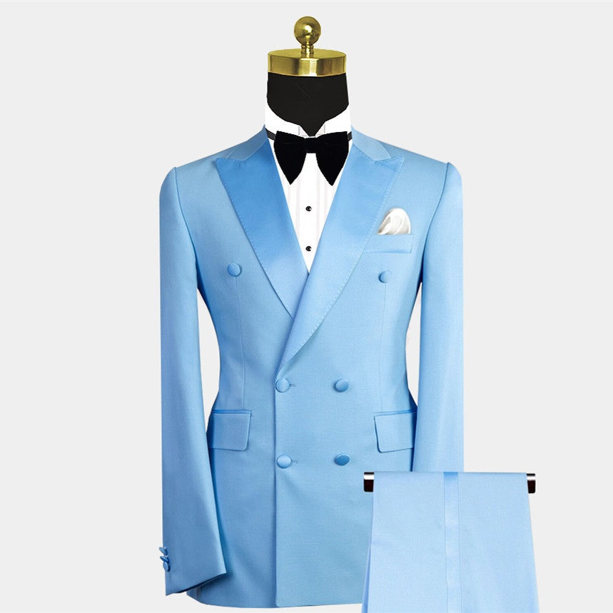 Gentle Sky Blue Double Breasted Peaked Lapel Prom Suits