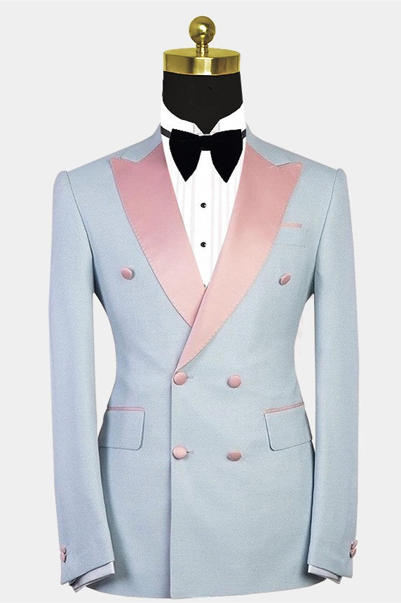 Bespoke Light Blue Double Breasted Peaked Lapel Prom Suits