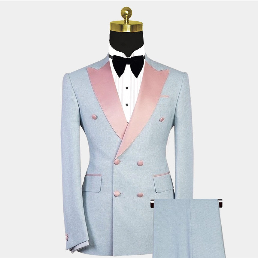 Bespoke Light Blue Double Breasted Peaked Lapel Prom Suits