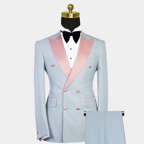 Bespoke Light Blue Double Breasted Peaked Lapel Prom Suits