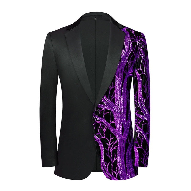Black Notched Lapel Jacket With Purple Sequins