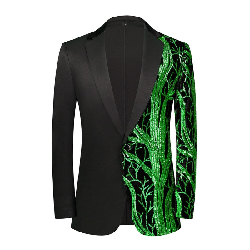 Black Notched Lapel Blazer With Green Sequins