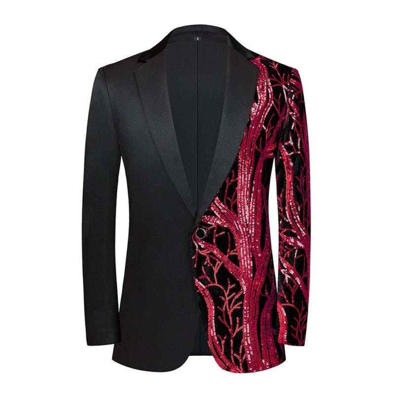 Black Notched Lapel Blazer With Red Sequins