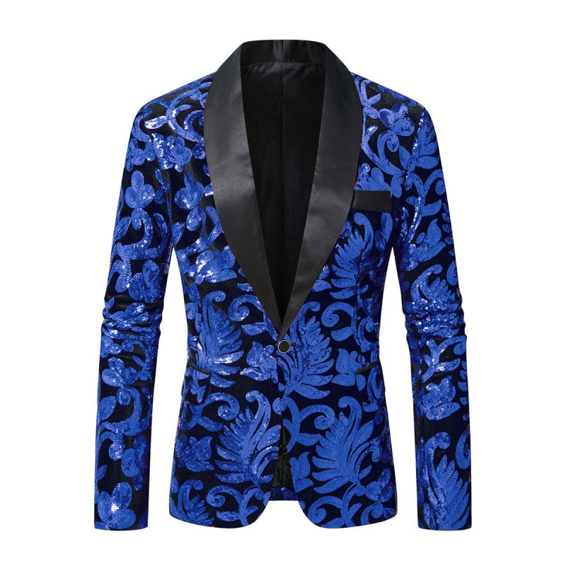 Royal Blue Sequins Shawl Lapel Jacket