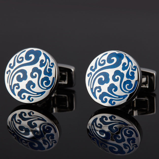 Blue Enamel Auspicious Cloud Pattern Round Cufflinks