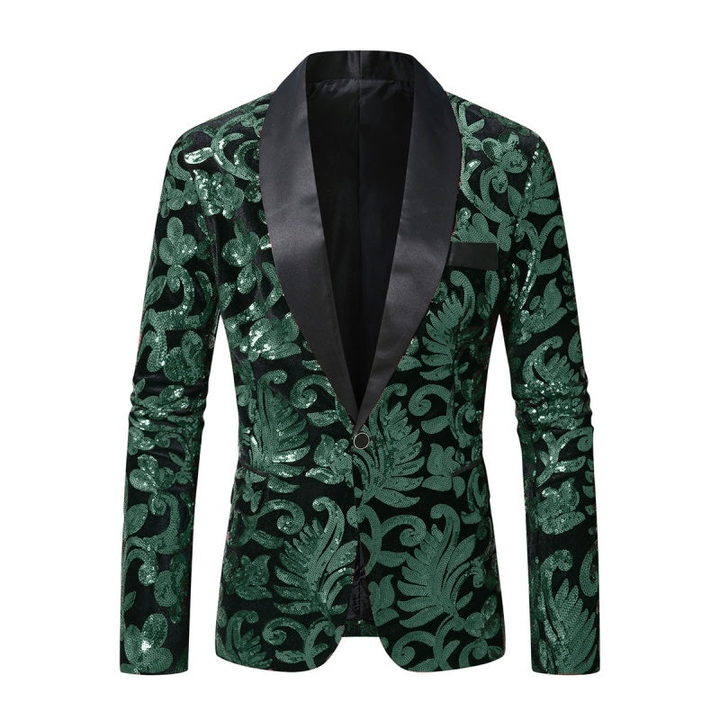 Dark Green Sequins Shawl Lapel Jacket