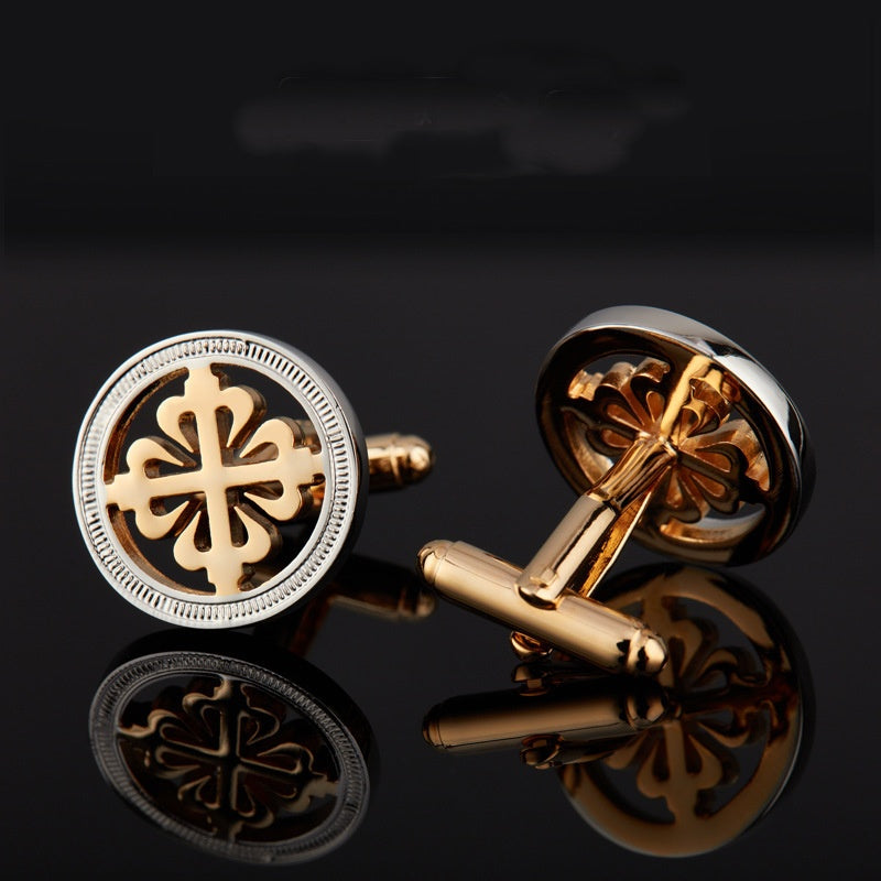 Retro Two-color Hollowed-out Cross-shaped Cufflink