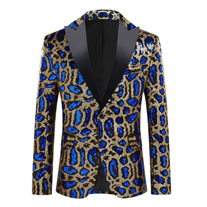 Royal Blue And Gold Sequins Peaked Lapel Blazer