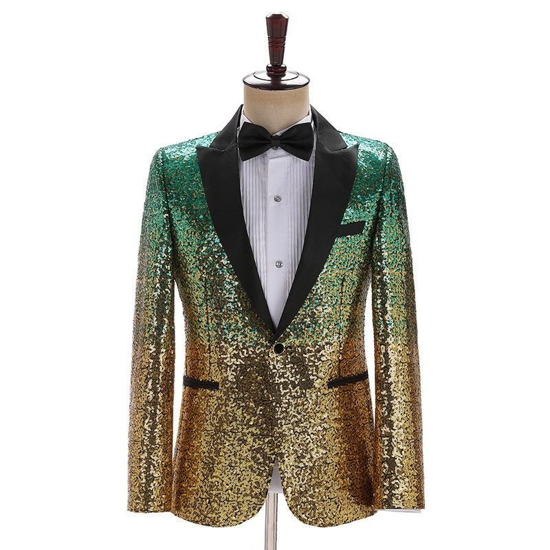 Green And Gold Sequins Peaked Lapel Jacket
