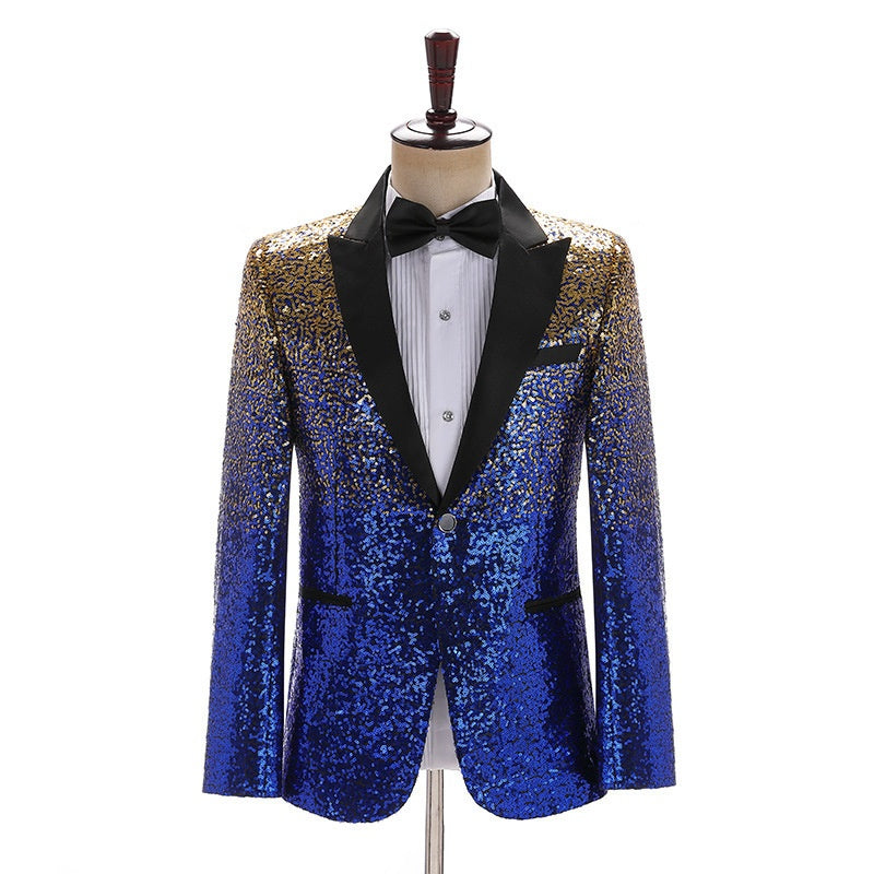 Blue And Gold Sequins Peaked Lapel Jacket