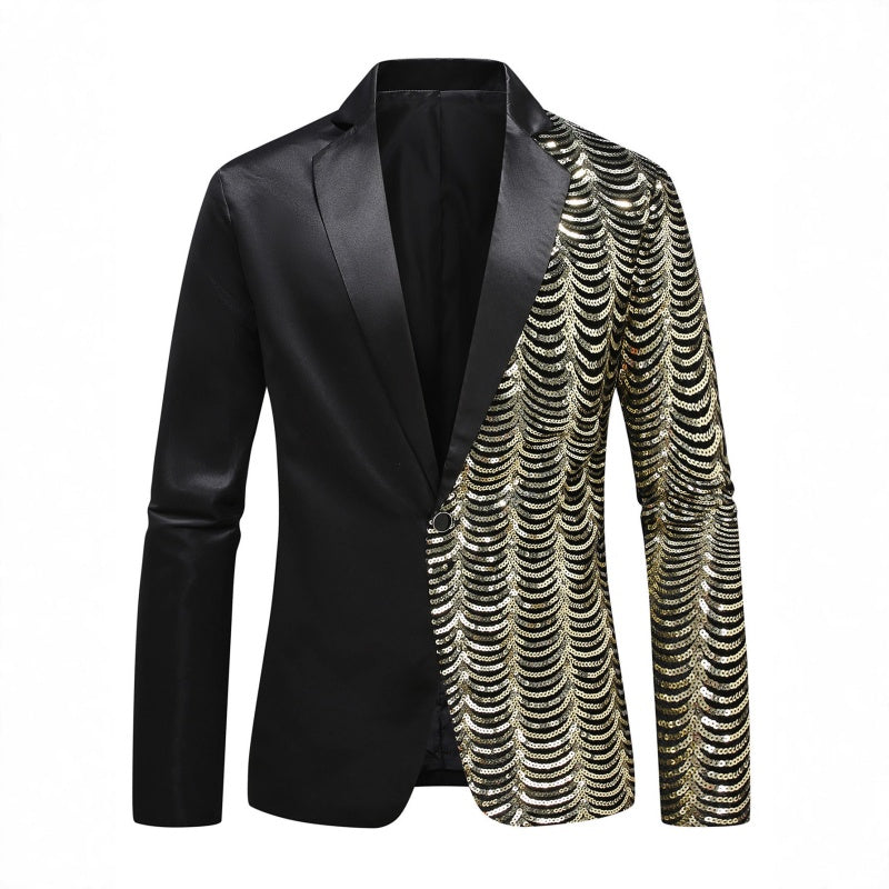 Black Notched Lapel Jacket With Gold Wave Sequins