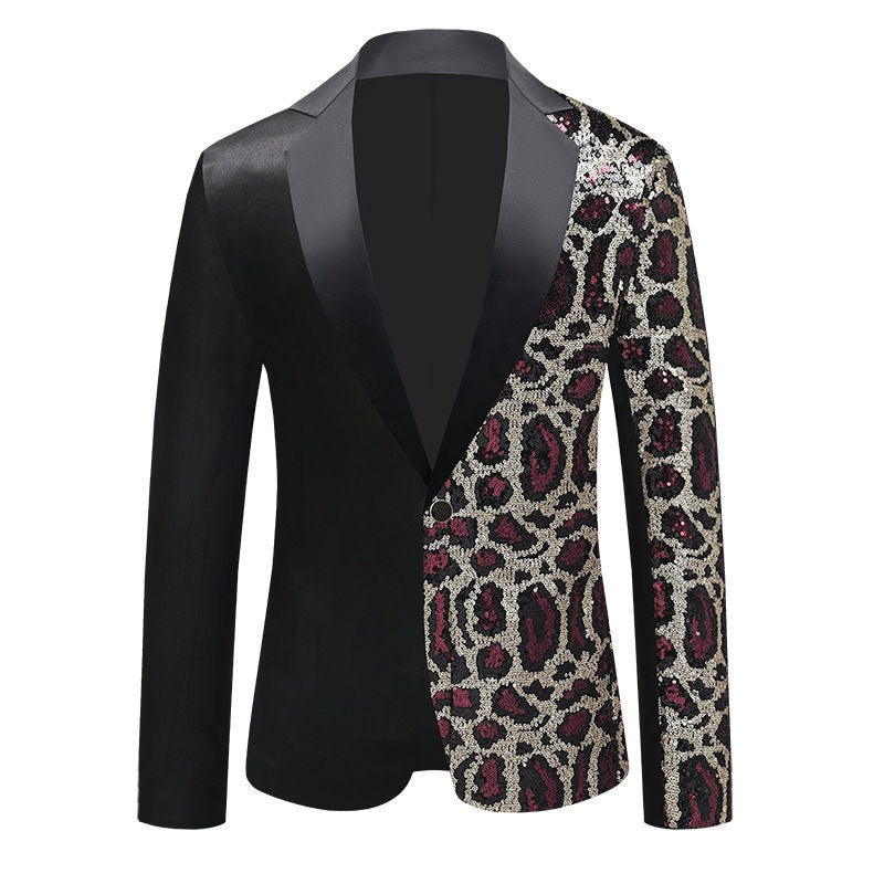 Black Notched Lapel Jacket With Red Gold Sequins