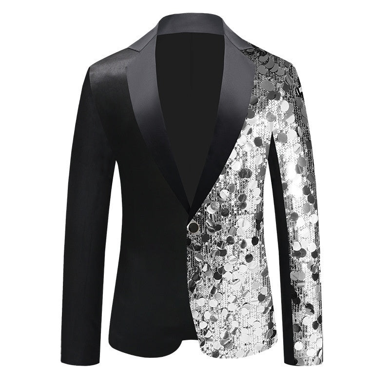 Black Notched Lapel Jacket With Silver Sequins