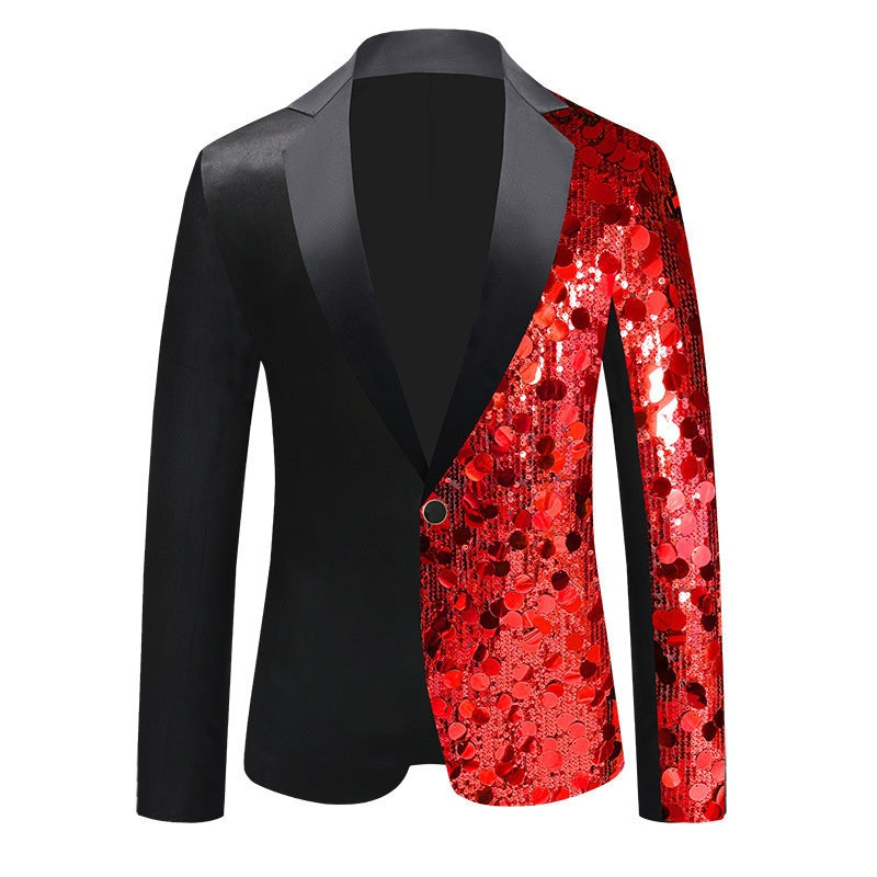 Black Notched Lapel Jacket With Red Sequins