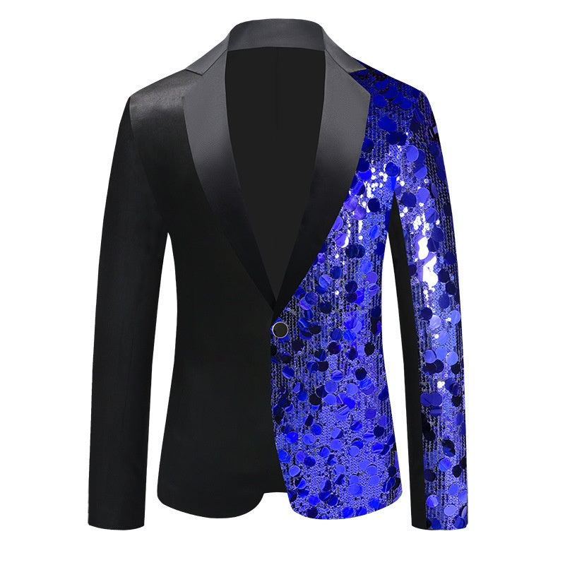 Black Notched Lapel Jacket With Blue Sequins