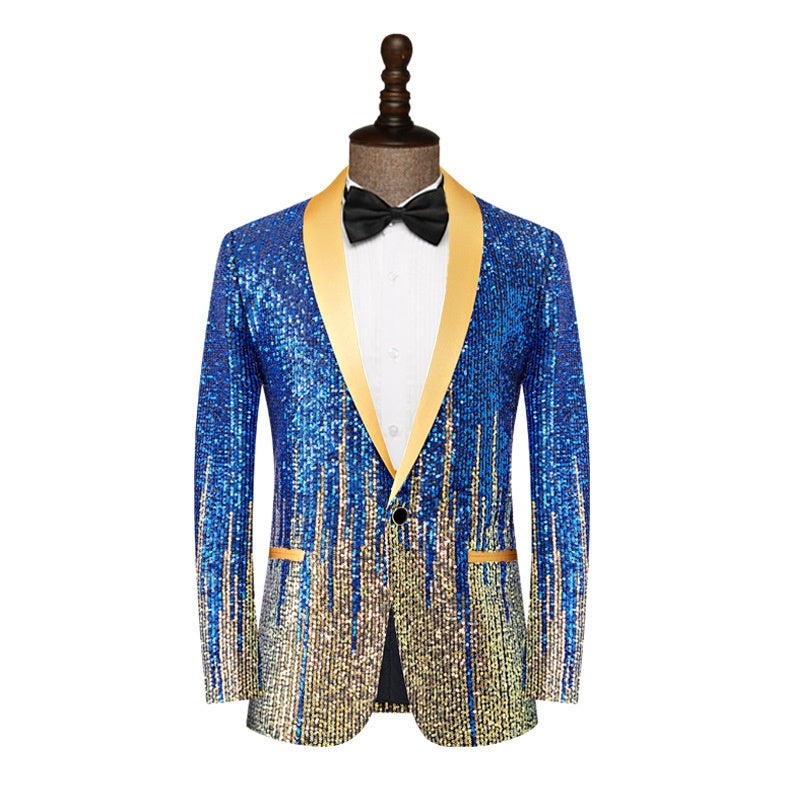 Gold And Blue Sequins Shawl Lapel Jacket