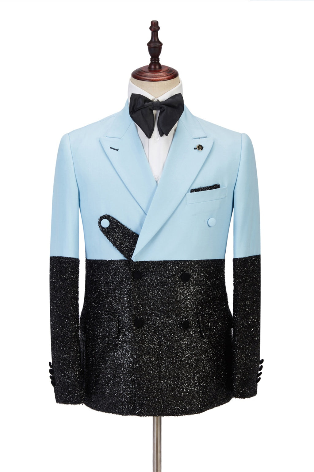 Charming Sky Blue And Black Double Breasted Men's Prom Suits