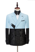Charming Sky Blue And Black Double Breasted Men's Prom Suits