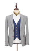 Fashion Black-and-White Plaid Slim Fit 3 Piece Men's Suit with Blue Waistcoat