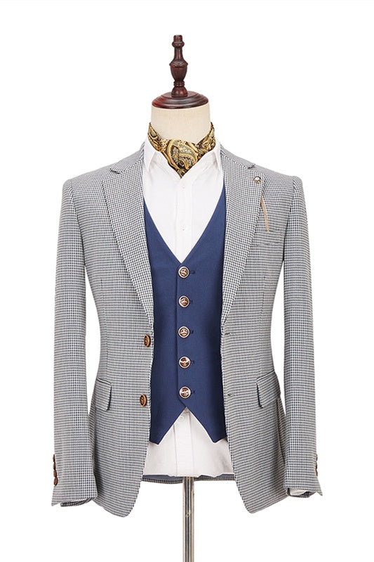 Fashion Black-and-White Plaid Slim Fit 3 Piece Men's Suit with Blue Waistcoat