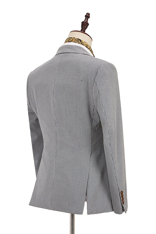Fashion Black-and-White Plaid Slim Fit 3 Piece Men's Suit with Blue Waistcoat