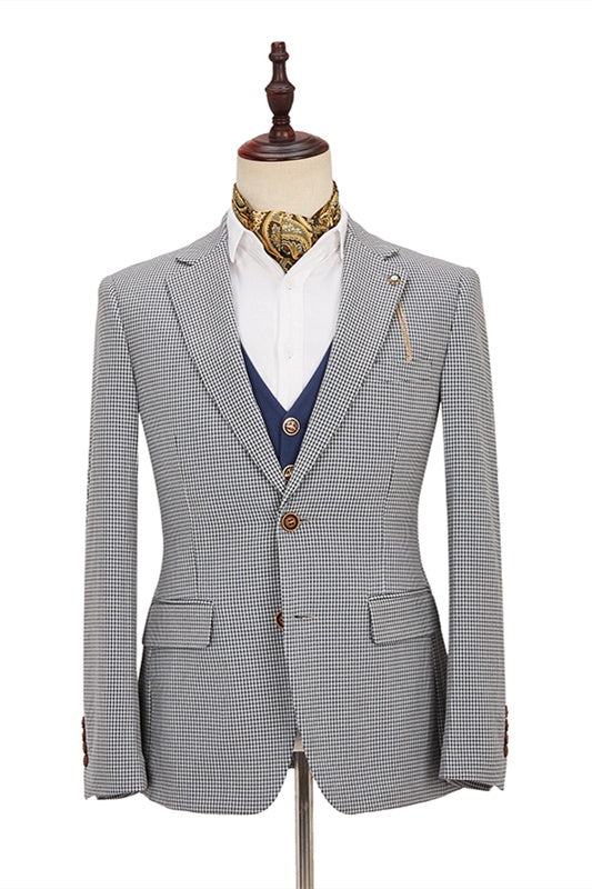 Fashion Black-and-White Plaid Slim Fit 3 Piece Men's Suit with Blue Waistcoat