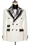 Newest White Jacquard Double Breasted Prom Suits With Sparkle Silver Gray Lapel
