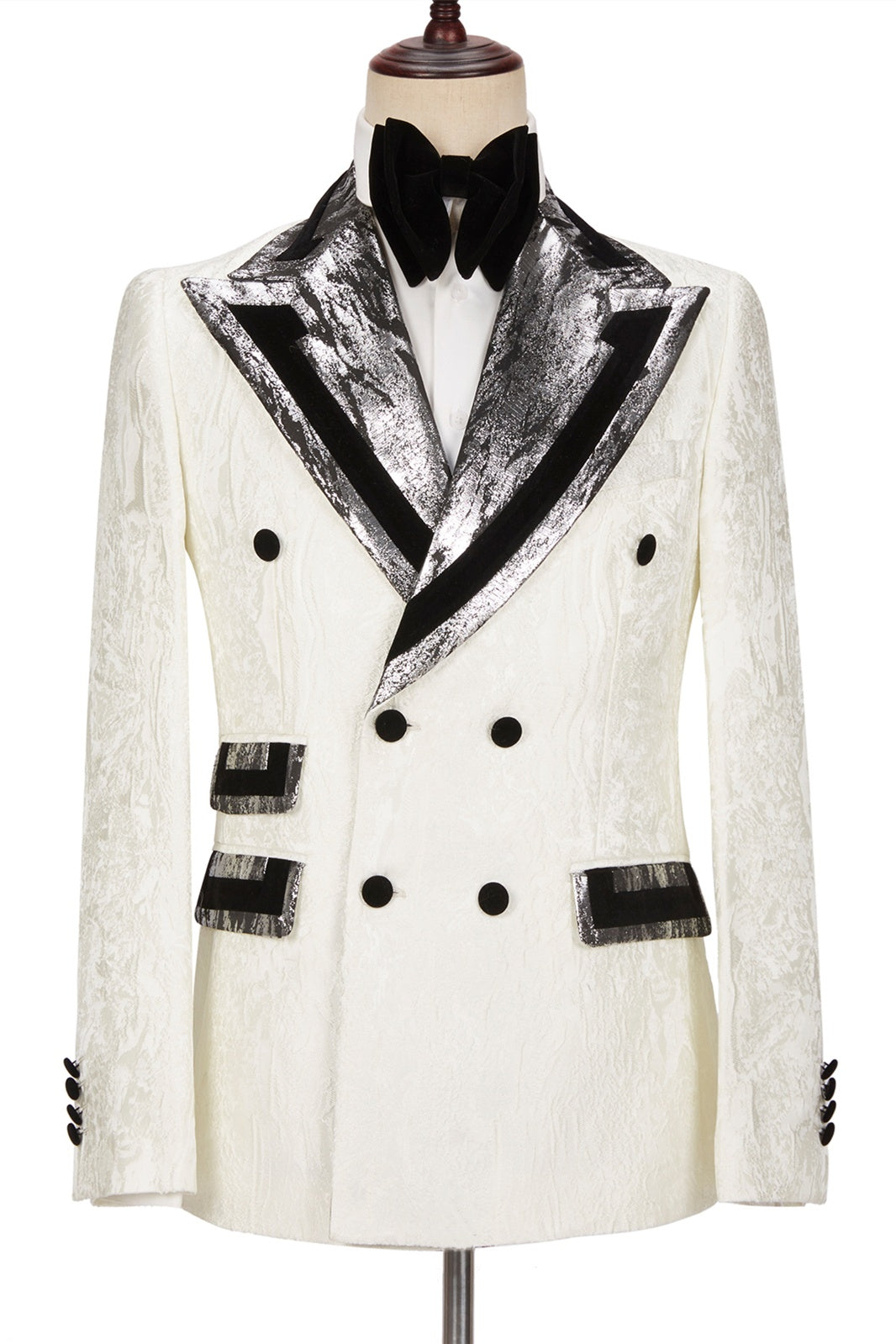 Newest White Jacquard Double Breasted Prom Suits With Sparkle Silver Gray Lapel