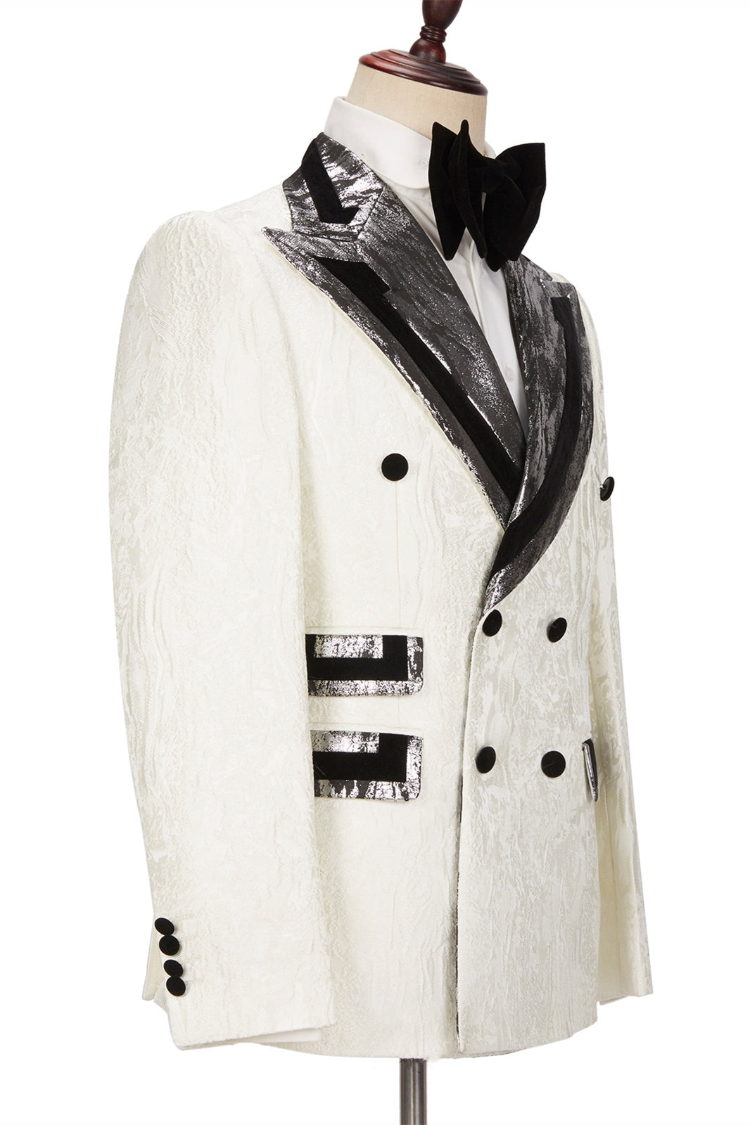 Newest White Jacquard Double Breasted Prom Suits With Sparkle Silver Gray Lapel